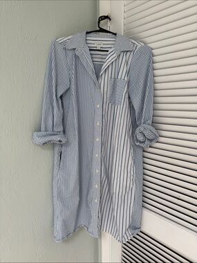 J. Crew Striped Blue and White Button-Front Shirt Dress